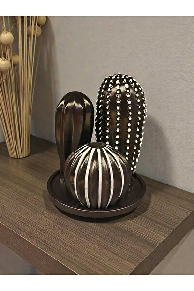 Grimsi Siyah Beyaz Modern Kaktüs Biblo Seti – Tabaklı 3’lü Dekoratif Masa ve ...