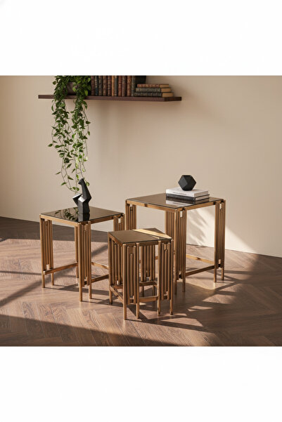 Hediselim Piyano Model 3'Lü Ultra Lak Kaplama Gold Zigon Sehpa