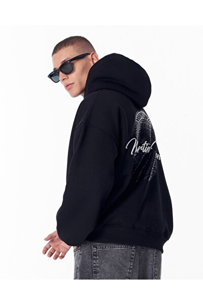 martin valen BlackMandala Parlak Baskı ve 3D Nakışlı Siyah Hoodie