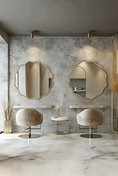 Fawdecor Şık Asimetrik Ahşap Çerçeveli Banyo Lavabo Duvar Aynası - Modern Dal...