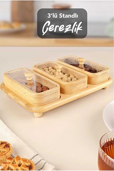 Home 3-Piece Bamboo Snack Bowl with Stand - Coffee Side Serving Bowl with Lid...