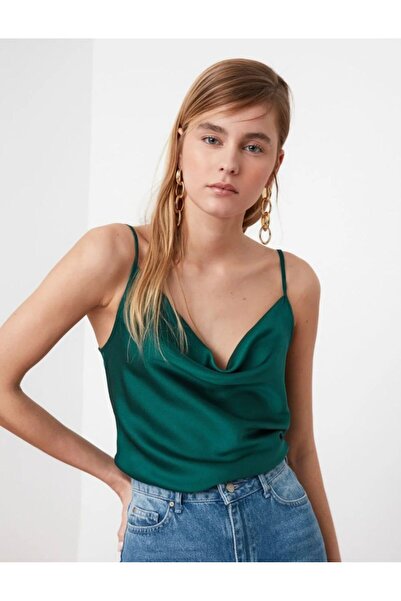 marvion Kadın Degaje Yaka Ayarlanabilir İnce Askılı Saten Bluz