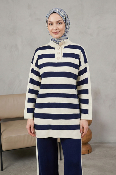 Kirazgym Women's Half Fisherman Striped Knitwear Set - Navy Blue