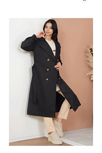 Bigdart Long black trench coat, double-breasted, gold buttons, elegant model