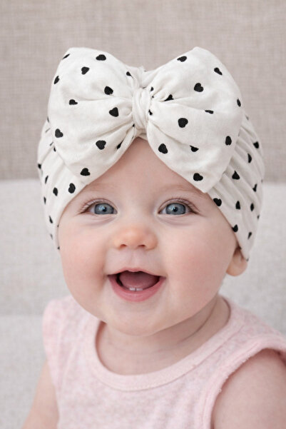 Merve Nayir Baby Girl White Heart Patterned Bonnet Bandana Beanie – Bowknot C...