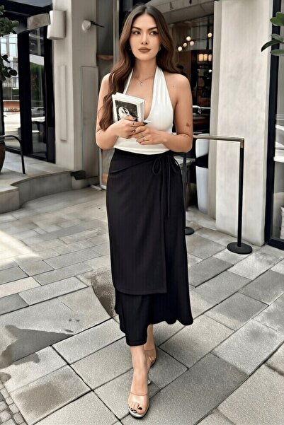 Lunarose Asymmetrical Skirt with Bow Tie - Black