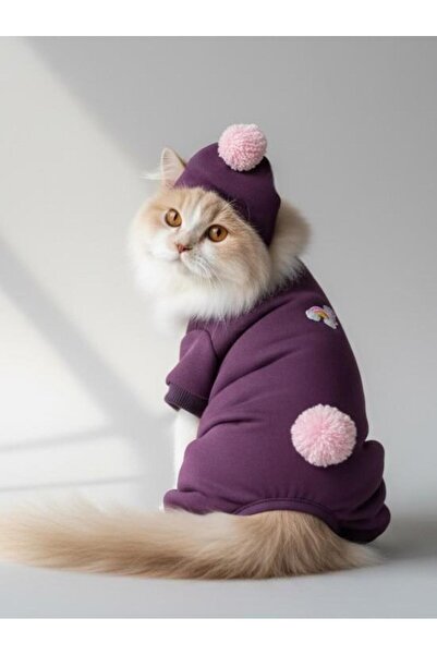 Kemique طقم بدلة وقبعة للقطط باللون الأرجواني من بونبون بوني |   قماش صوف مطر...