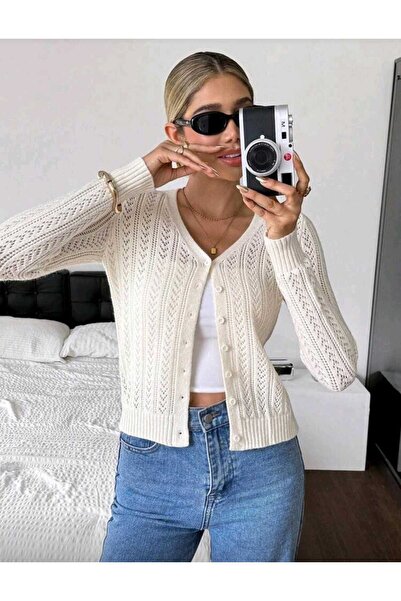 Bracha Openwork Pattern Button Detailed V-Neck 100% Cotton Knitwear Cardigan