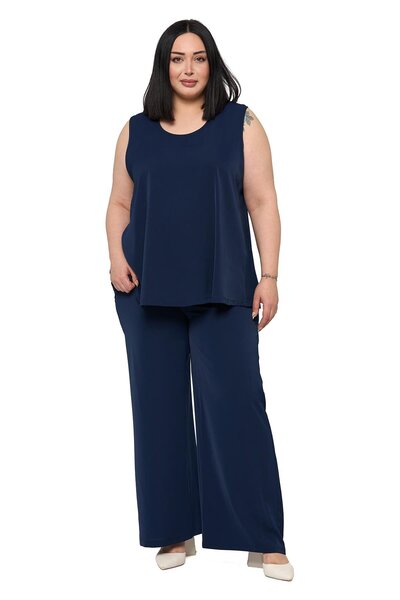 DISENTIS MODEST Plus Size Sleeveless Blouse Wide Leg Pants Navy Blue Two-Piec...