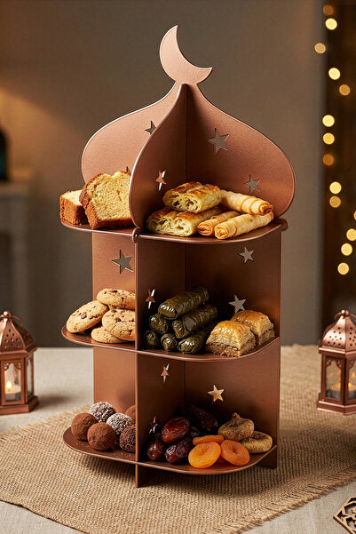 Saatistan Ramazan Temalı 3 Kat Minare Metal Sofra Dekoru, İslami Ev ve Ofis D...