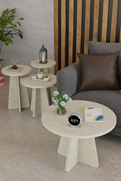 alpaevmobilya 3'lü Mantar Yuvarlak Zigon Sehpa ve Orta Sehpa Takımı - Salon, ...