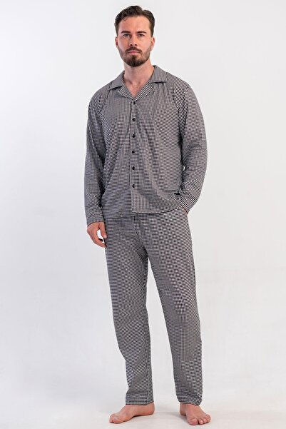 VİENETTA Men's Front Buttoned Long Sleeve Black 100% Cotton Pajama Set C1T6N0405