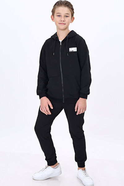 Toontoy Boy's 2-Piece Set Printed Arma Detail Hooded Zippered Pocket Sweatshi...