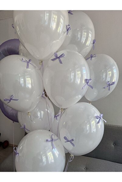 PartyPoo White Balloon Set and Lilac Bow Ribbon Balloon Set – Birthday & Part...