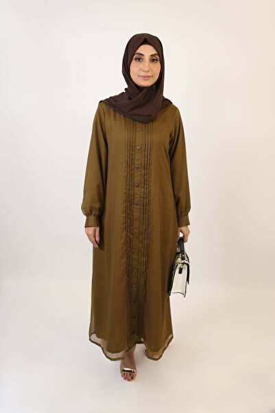 Libas lab Hana- Elegant Chiffon fully lined pleated button down dress- Khaki ...