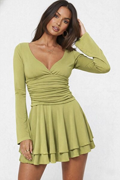 Linich&Co Green Draped V-Neck Long Spanish Sleeve Mini Stretch Dress 0007