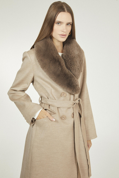 Zühre Collar Fur Detailed Mantle Latte Coat 12358