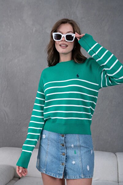 Park Karon Women's Crew Neck Striped Premium Yarn Knitwear Sweater 10274.Crs