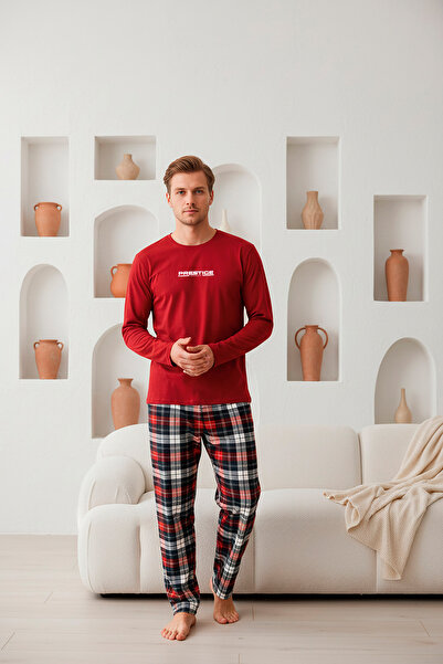 MİSSLALE Σετ ανδρικών πιτζάμες με μακρυμάνικο βαμβακερό καρό σχέδιο