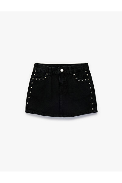Koton Cotton Pocketed Jean Shorts Skirt with Staple Detail