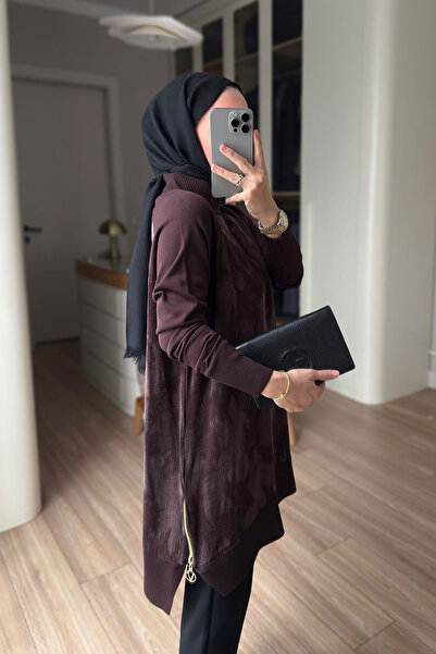 Ka Hijab Desenli İpek Cupra Merserize Tunik - Kahverengi