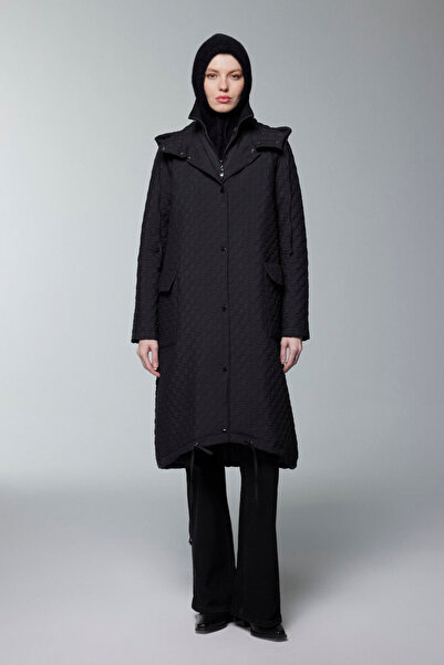 Zühre Kapüşonlu Desenli Siyah Mont 13856