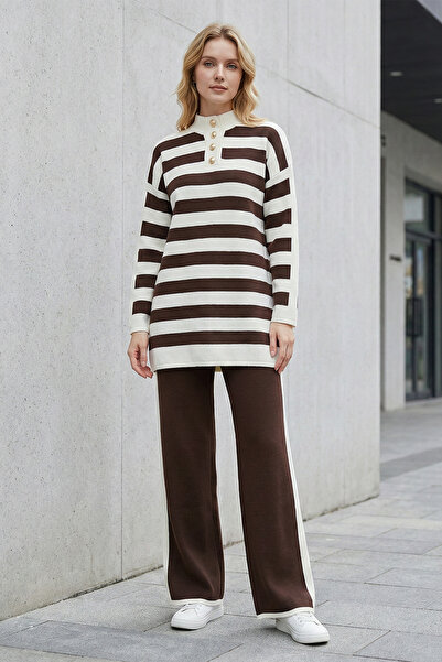 Kirazgym Women's Half Fisherman Striped Knitwear Set - Brown