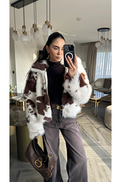 My Blog Ecru Brown Patterned Zippered Fur - 85154