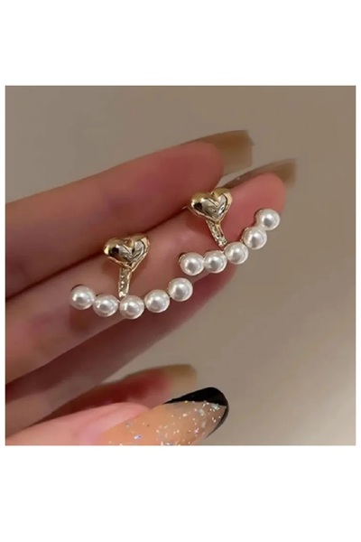 Panowill Design Kadın Kalpli İnci Küpe Kararamaz Gold Renkli Çelik Kadın Küpe