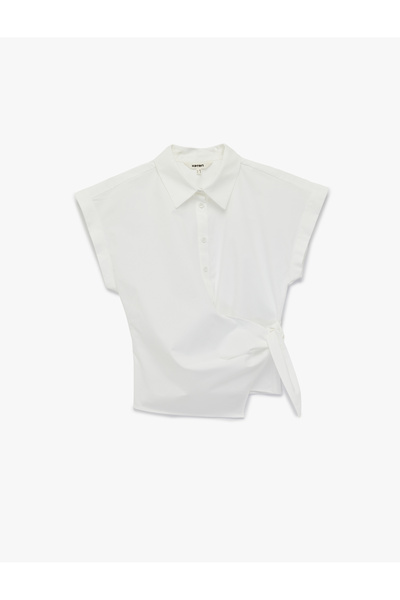 Koton Cotton Slim Fit Cap Sleeve Poplin Shirt with Front Tie Detail