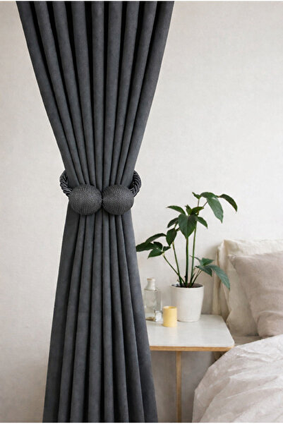 BD beyaz dokuma Aksesuar Hediyeli Antrasit Gri Pileli Kadifemsi Fon Perde Yük...