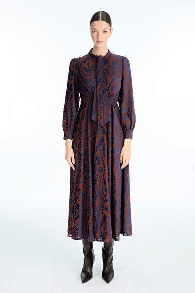 Zühre Patterned Bow Collar Detailed Navy Blue/Tile Dress 0536