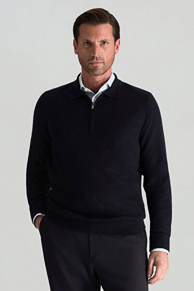 Hemington Merino Yünü Polo Yaka Yarım Fermuarlı Lacivert Triko Kazak
