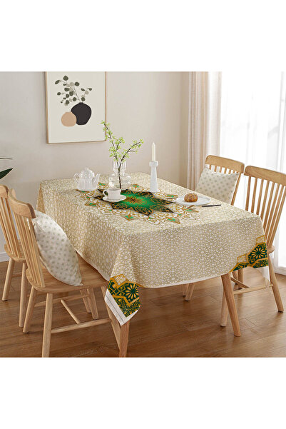 Burkan Kumaşçılık Zümrüt Renk Motifli Selçuklu Zemin Efektli Dertsiz Masa Örtüsü