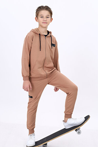 Toontoy Boy's 2-Piece Set Printed Arma Detail Hooded Zippered Pocket Sweatshi...