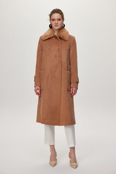 Zühre Fur Collar Detailed Pocketed Cashmere Mocha Coat 13853