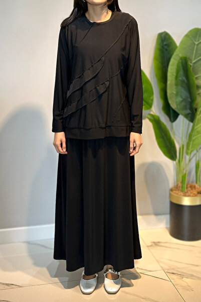 Lale Butik Sandy Fabric Blouse Bell Skirt Set 0606 Black