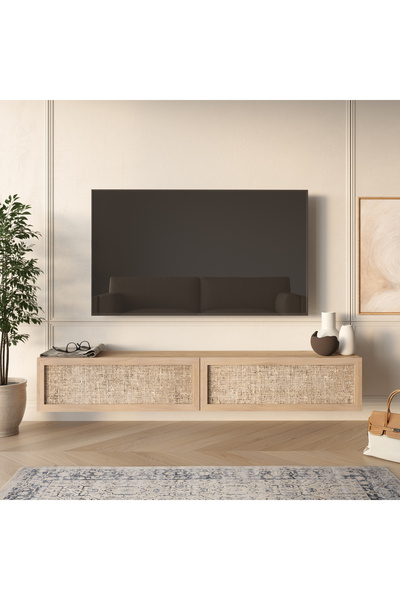 Yurudesign Future Tv Ünitesi Sehpası Duvara Monte Ahşap Jüt Kapaklı 180cm Sep...