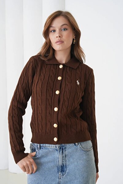 Park Karon Women's Polo Collar Hair Knit Button Detail Knitwear Cardigan 8525Sw