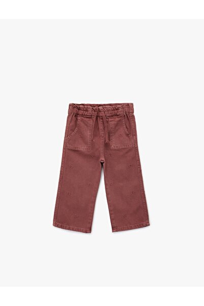 Koton Cotton Loose Fit Denim Trousers with Tie Waist, Pockets and Ribbon Detail