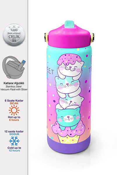 Coral High Renkli Dondurmalı Kedi Desenli Katlanır Ağızlıklı Çelik Termos 650...