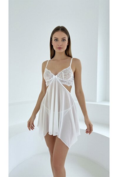İZOSCA Beyaz Fiyonk Dantelli Özel Kilotlu Gece Elbisesi