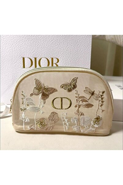 DIOREXA شنطة مكياج بيوتي باوتش بتصميم الربيع بلون بيج مع تطريزات زهور وفراشات.