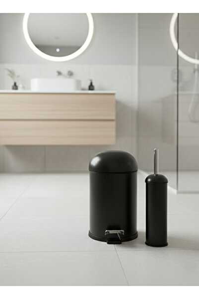 Bürke Metal Bon Kapak 5 Lt Black Trash Can with Shock Absorber Toilet Brush B...