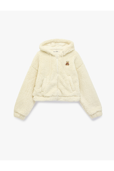 Koton Ayıcık Nakışlı Kapüşonlu Cepli Fermuarlı Crop Peluş Ceket