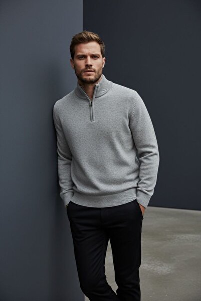 Sarar Interview Zippered Half Turtleneck Woolen Gray Knitwear Sweater