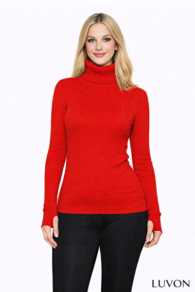 LUVON Red Turtleneck Premium Savior Body Sweater with Finger Detail