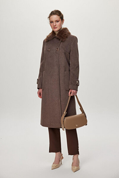 Zühre Fur Collar Detailed Pocketed Cashmere Brown Coat 13853