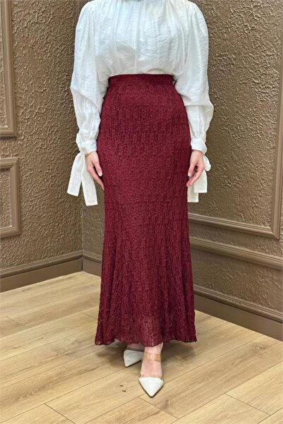 Neşeli Butik Women's Burgundy Lace Fabric Maxi Length Hijab Skirt