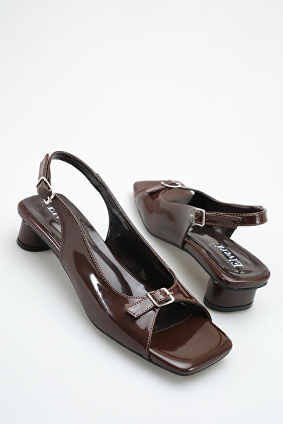 MALENTA Дамски къси сандали с дебел ток, от кафява лачена кожа, с отворена пе...